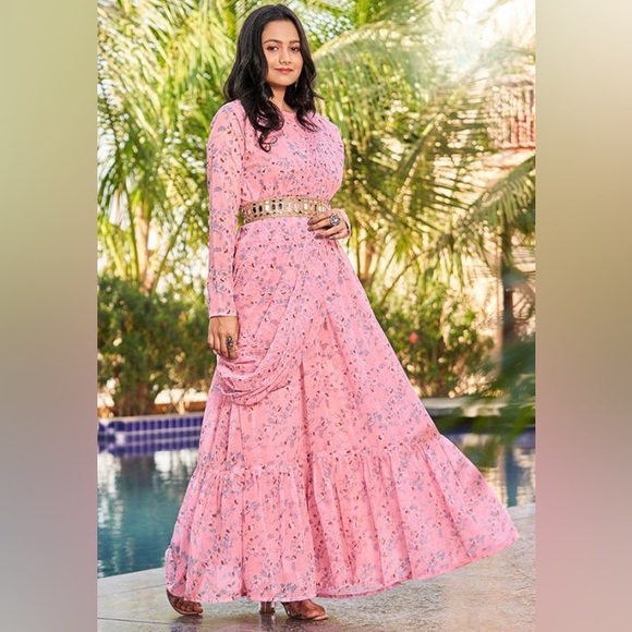 Carnation Pink Printed Georgette Gown with Belt - Picture 1 of 2
